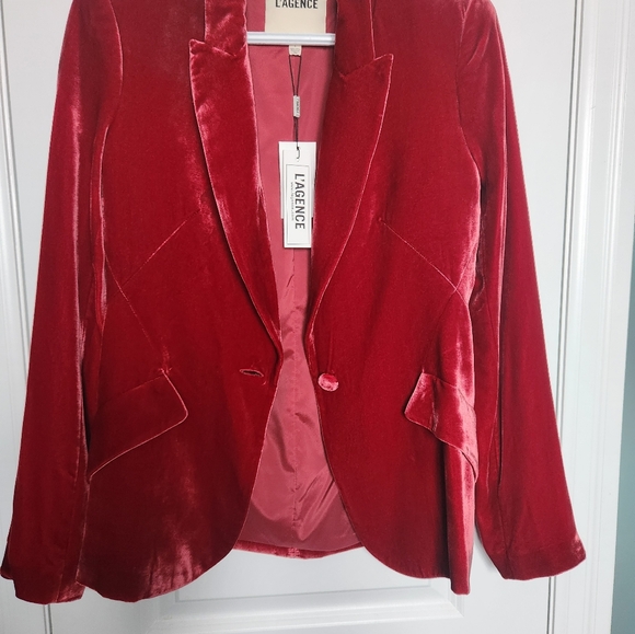 L'AGENCE Chamberlain Single Breasted Red Velvet Blazer - Picture 2 of 5